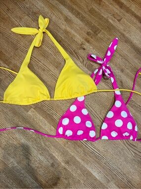 Victoria Secret Triangle Pink Polka Dot & Yellow Triangle Bikini Top Swim